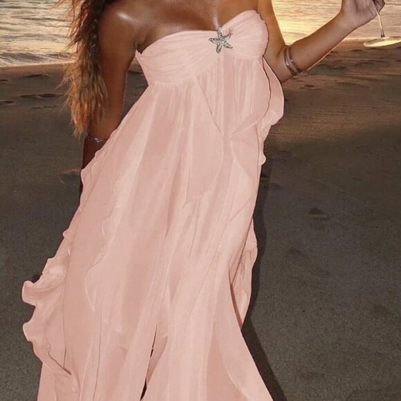 Apricot Elegant Women's Vacation Woven Asymmetrical Hem Ruffle Dress - Picture 1 of 8